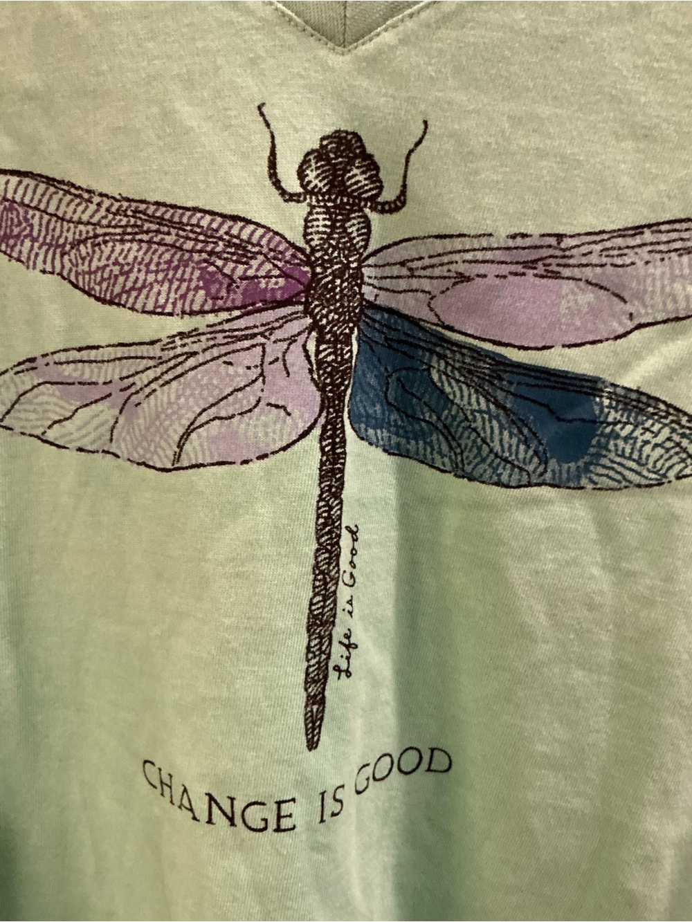 Life Is Good Crusher Tee Women’s L Mint Green Dragonfly V Neck “Change Is Good” - Picture 3 of 7